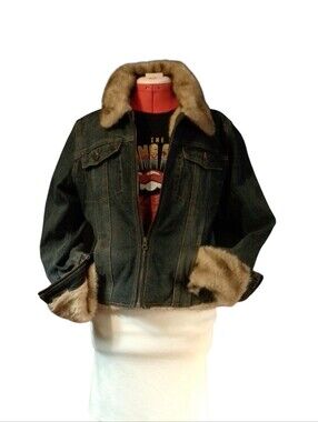 Vintage Y2K N-YClassics Faux Fur Trim Denim Jacket – Zip Front – Women’s Size M